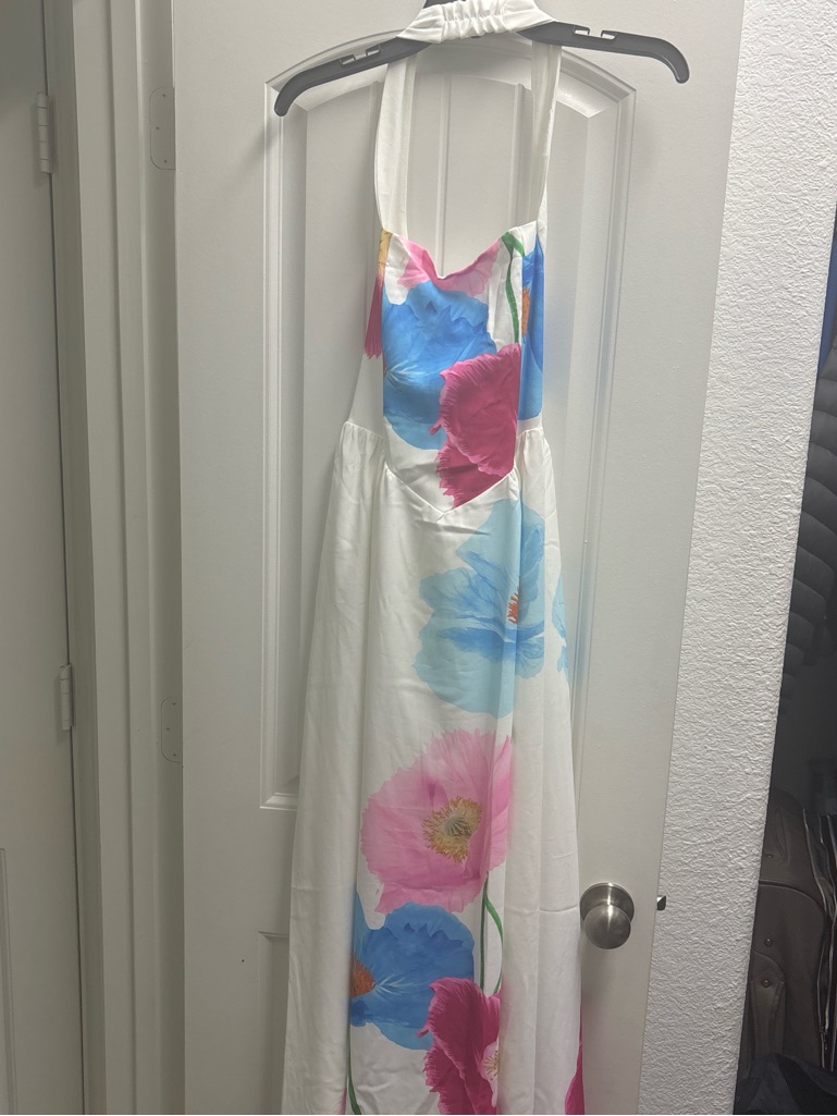 White Floral Halter Maxi Dress With Pink And Blue Blooms